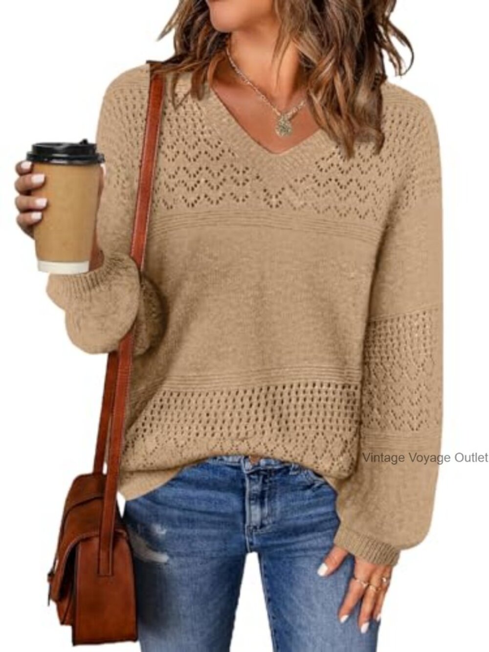 Womens Cable Knit V Neck Long Sleeve Pullover Sweater Loose Fit